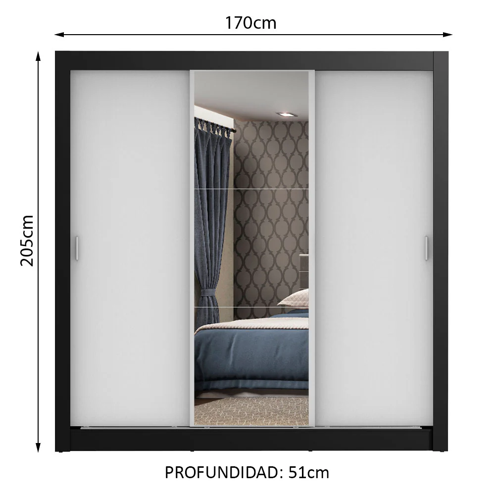 Placard Matrimonial Monaco 3 Puertas Corredizas 1 con Espejo Negro/Blanco - Image 2