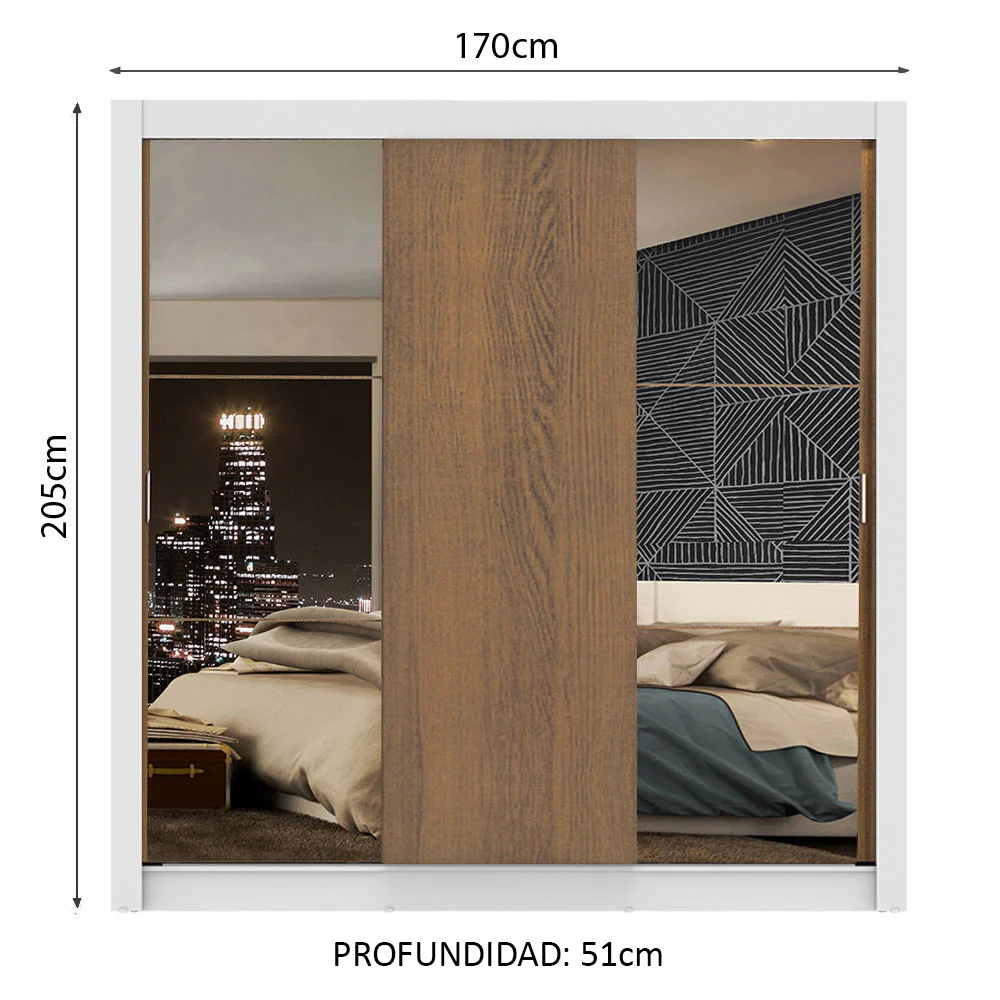 Placard Matrimonial Monaco 3 Puertas Corredizas 2 con Espejo - Blanco/Marrón - Image 2