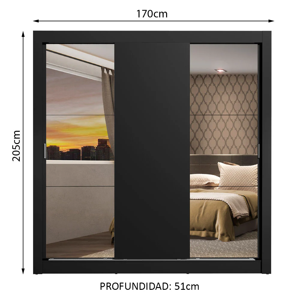 Placard Matrimonial Monaco 3 Puertas Corredizas 2 con Espejos Negro - Image 2