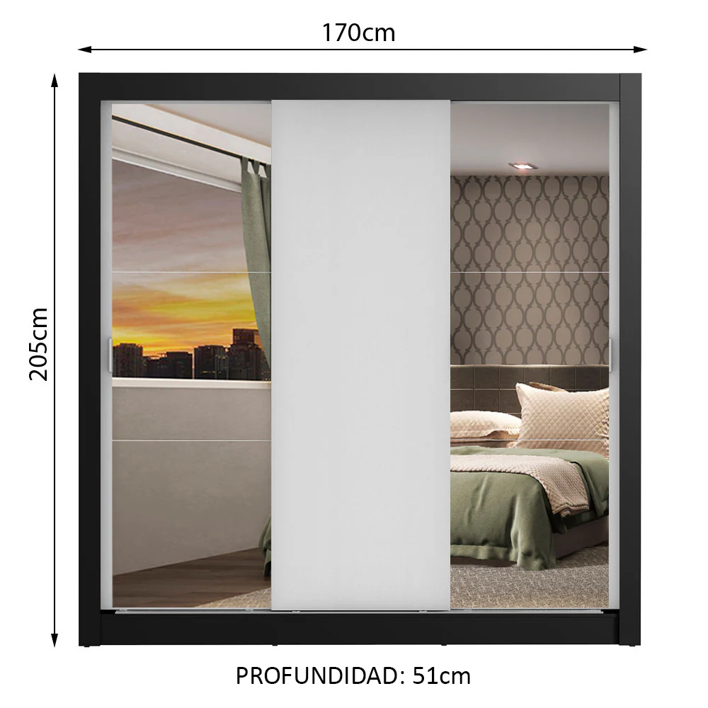 Placard Matrimonial Monaco 3 Puertas Corredizas 2 con Espejos Negro/Blanco - Image 2