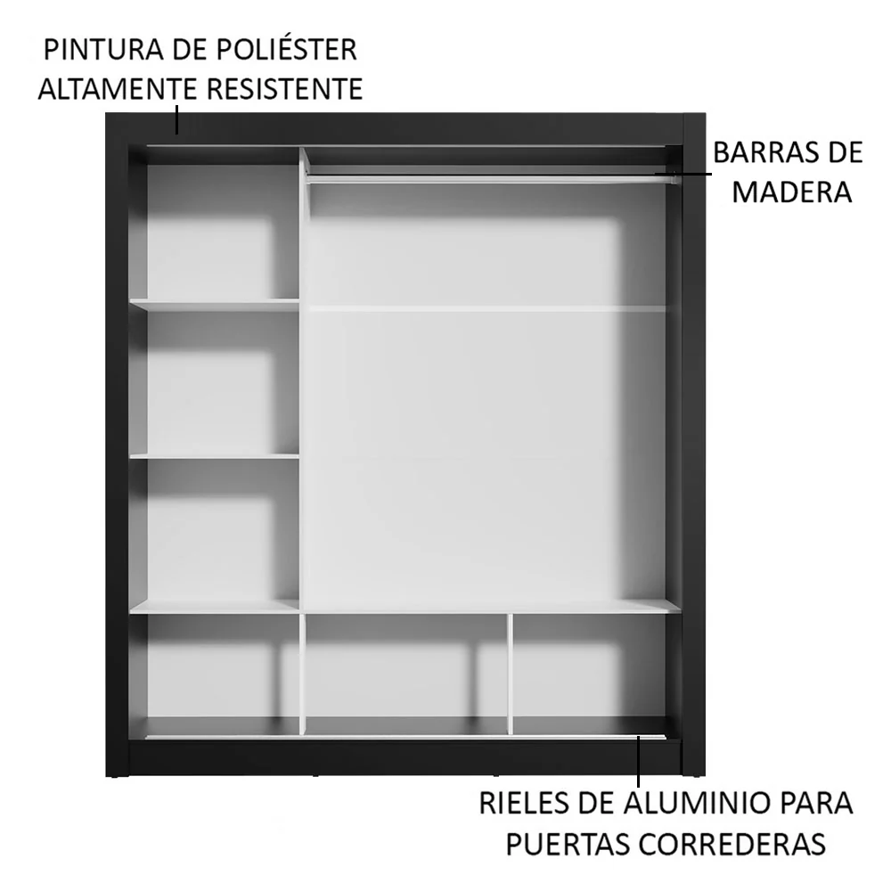 Placard Matrimonial Monaco 3 Puertas Corredizas 2 con Espejos Negro/Blanco - Image 6
