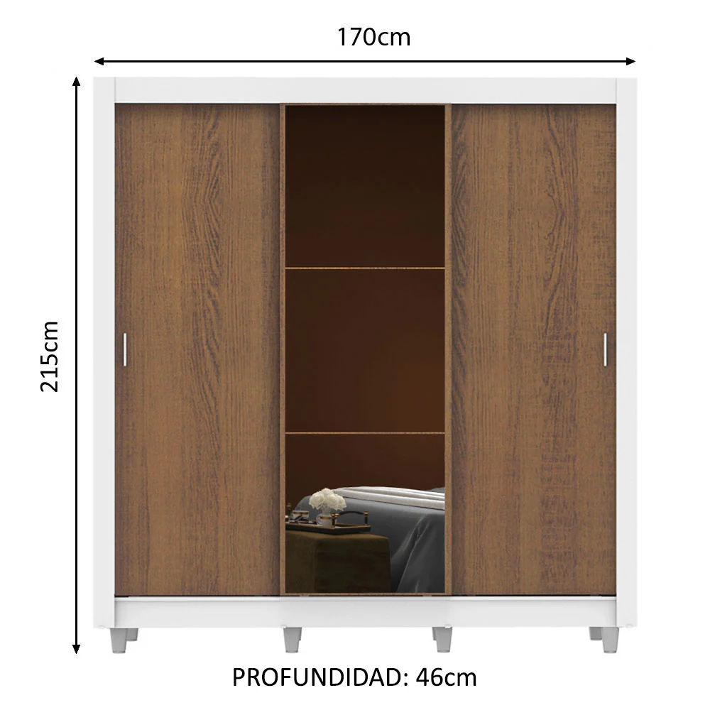 Placard Matrimonial Mónaco 3 Puertas Corredizas con Espejo con Patas Blanco/Marrón - Image 2