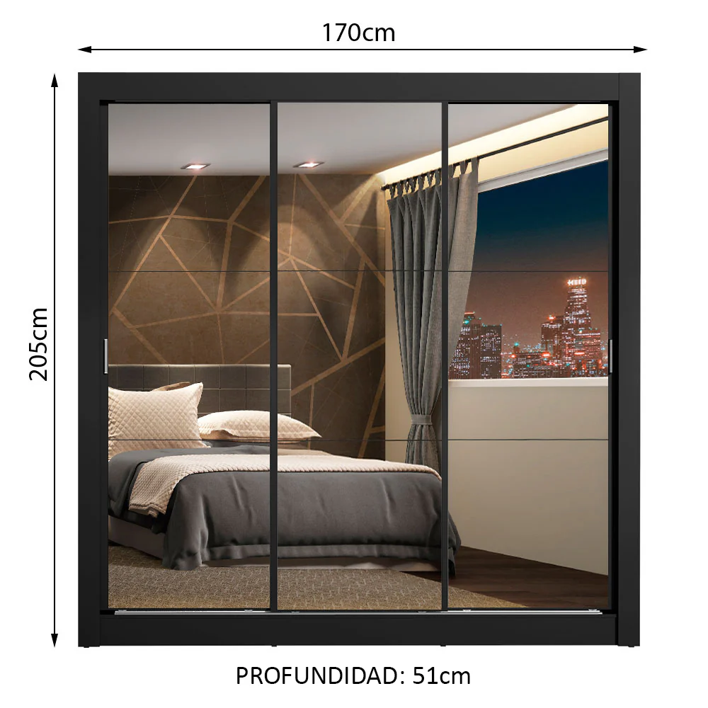 Placard Matrimonial Monaco 3 Puertas Corredizas con Espejo Negro - Image 2