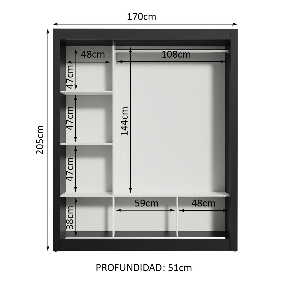 Placard Matrimonial Monaco 3 Puertas Corredizas Negro/Blanco - Image 4