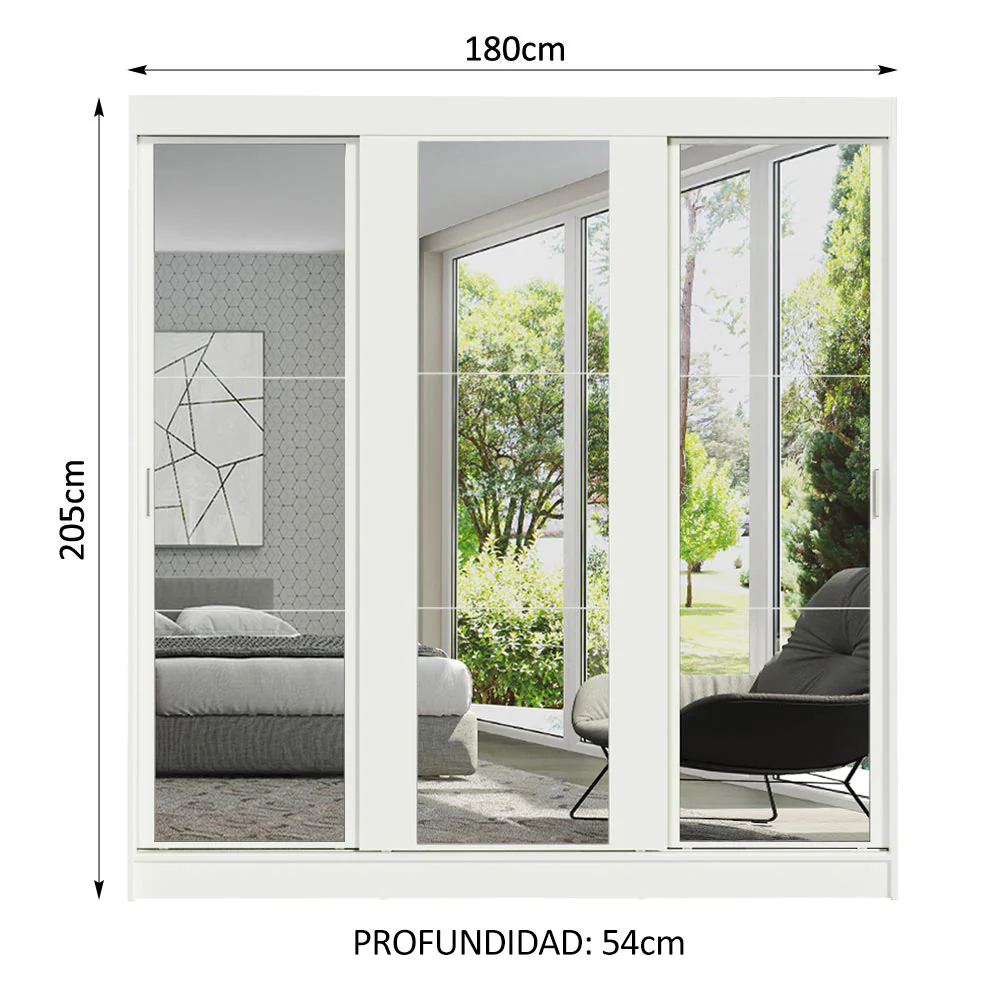 Placard Matrimonial Reno 3 Puertas Corredera con Espejo - Blanco - Image 2
