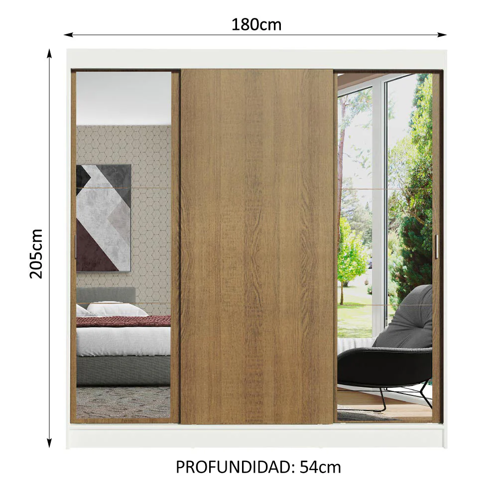 Placard Matrimonial Reno 3 Puertas Corredizas 2 Con Espejo - Blanco/Marrón - Image 2