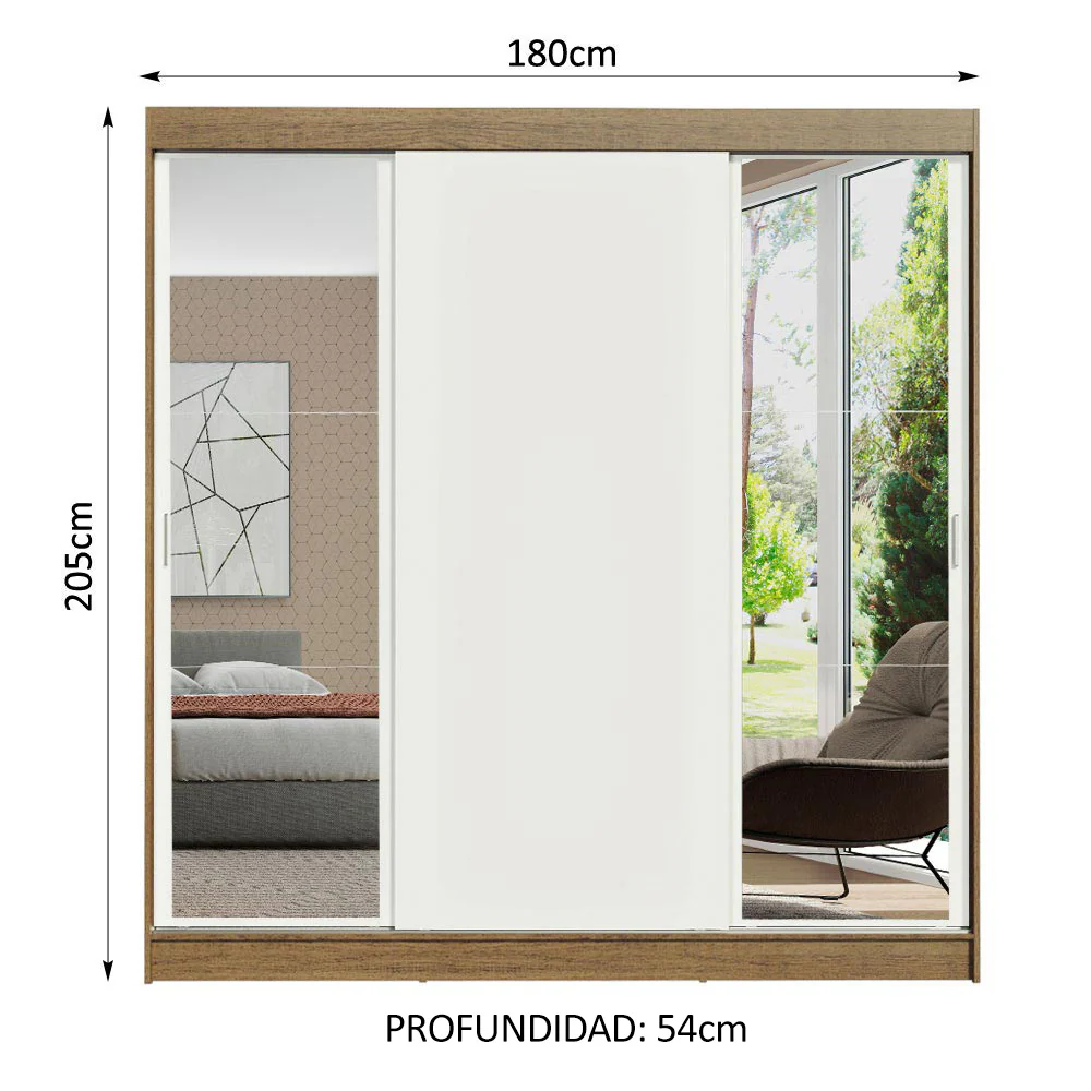Placard Matrimonial Reno 3 Puertas Corredizas 2 con Espejo - Marrón/Blanco - Image 2