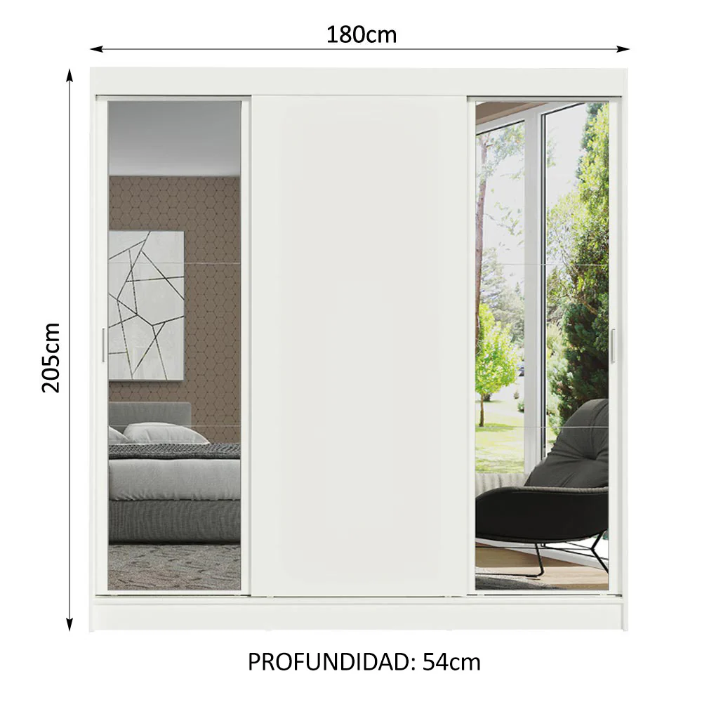 Placard Matrimonial Reno 3 Puertas Corredizas 2 con Espejos - Blanco - Image 2
