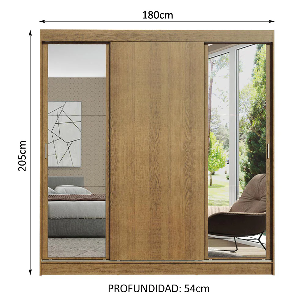 Placard Matrimonial Reno 3 Puertas Corredizas 2 con Espejos - Marrón - Image 2