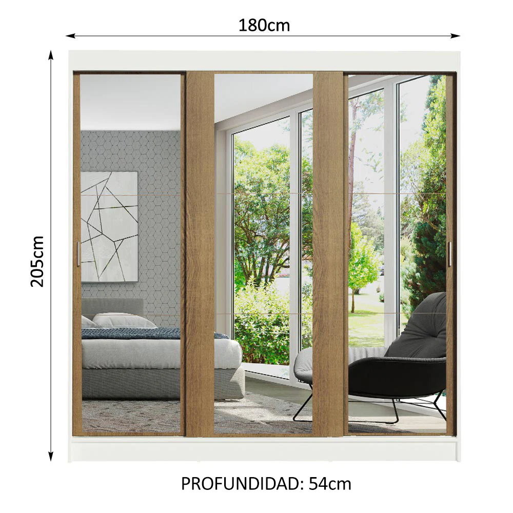Placard Matrimonial Reno 3 Puertas Corredizas Con Espejo - Blanco/Marrón - Image 2