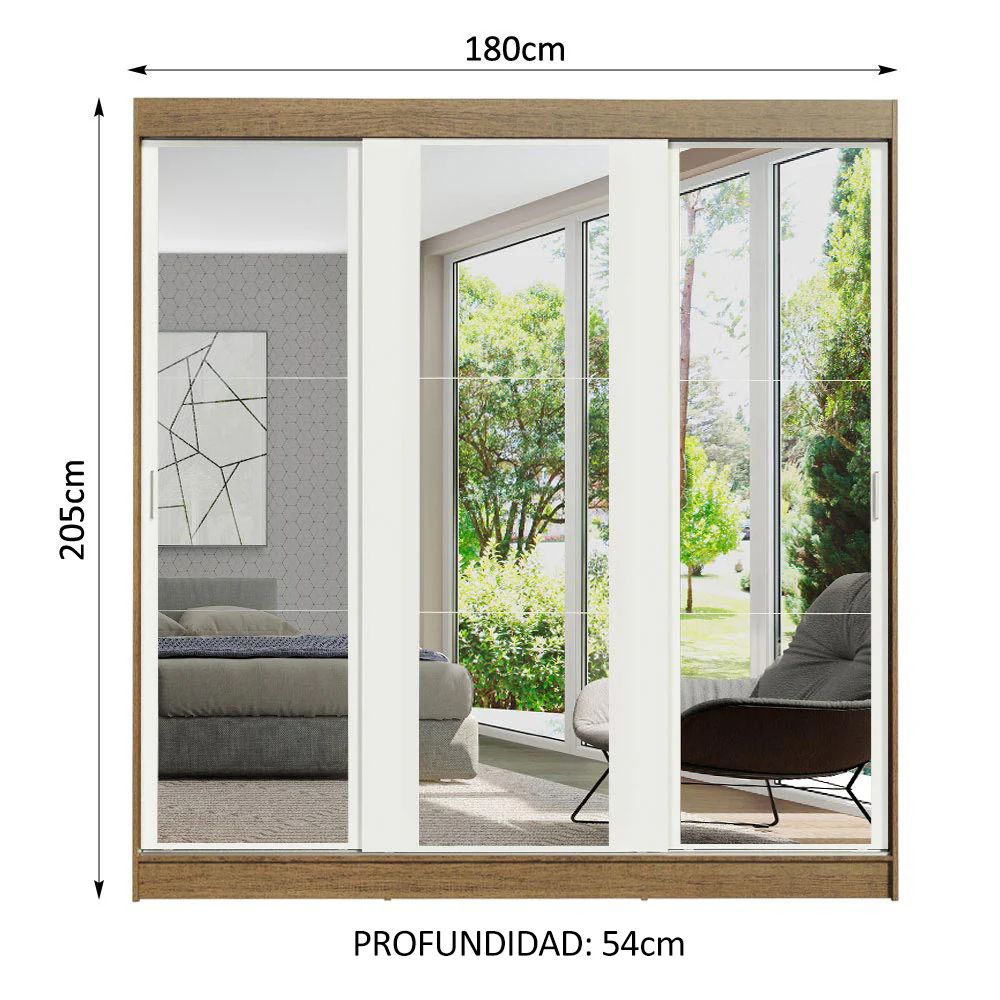 Placard Matrimonial Reno 3 Puertas Corredizas con Espejo - Marrón/Blanco - Image 2