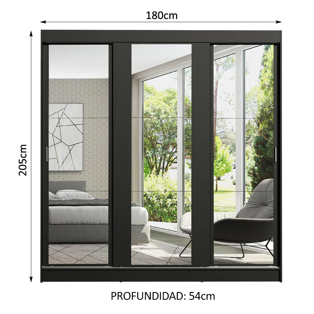 Placard Matrimonial Reno 3 Puertas Corredizas con Espejo Negro - Image 2