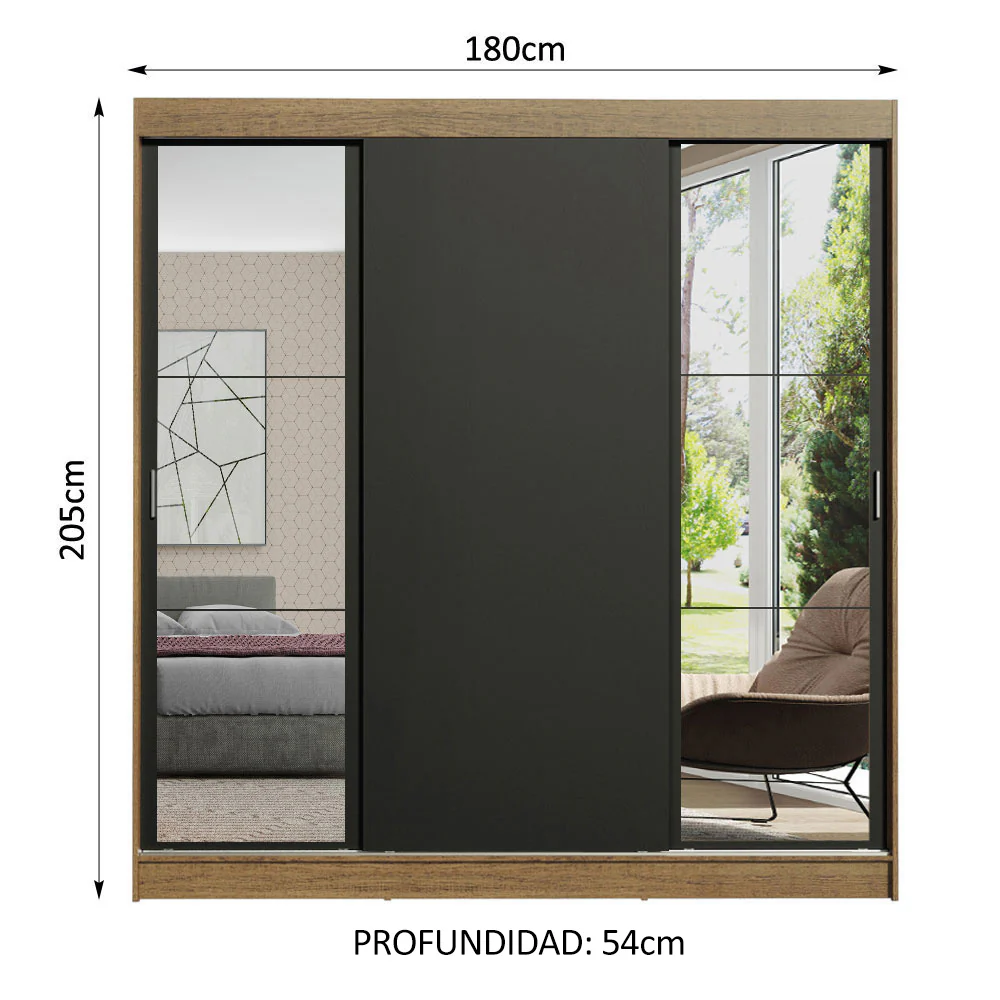 Placard Matrimonial Reno 3 Puertas Corredizas con Espejos Marrón/Negro - Image 2