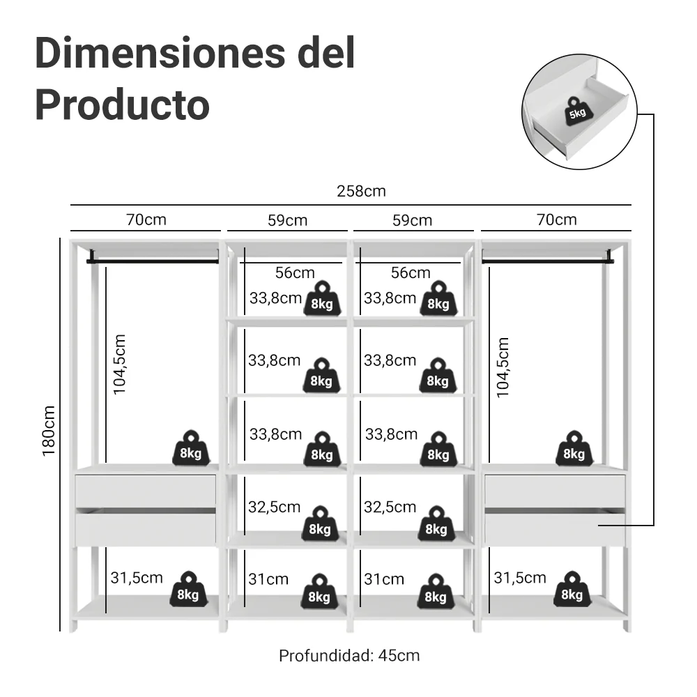 Placard Modulado 258 cm 4 Cajones Valencia Blanco 02 - Image 2