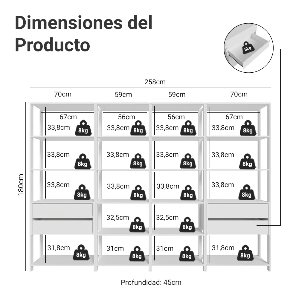 Placard Modulado 258 cm 4 Cajones Valencia Blanco 06 - Image 2
