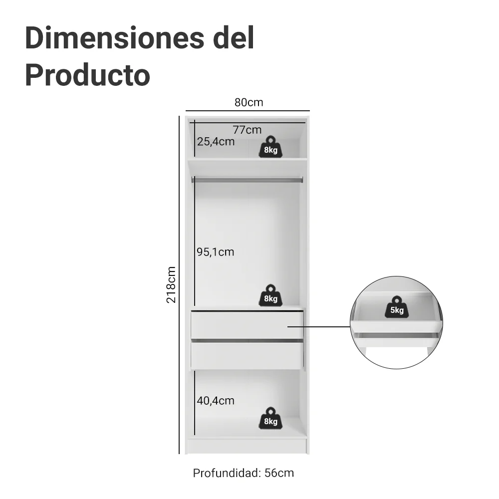 Placard Modulado 80 cm 2 Puertas 2 Cajones Neo Blanco - Image 2