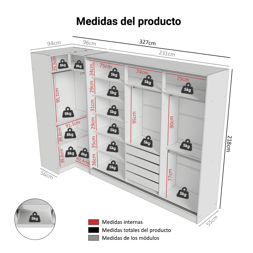 Placard Modulado Neo + Placard Royale Matrimonial 3 Puertas Corredizas con Espejos Blanco - Image 2