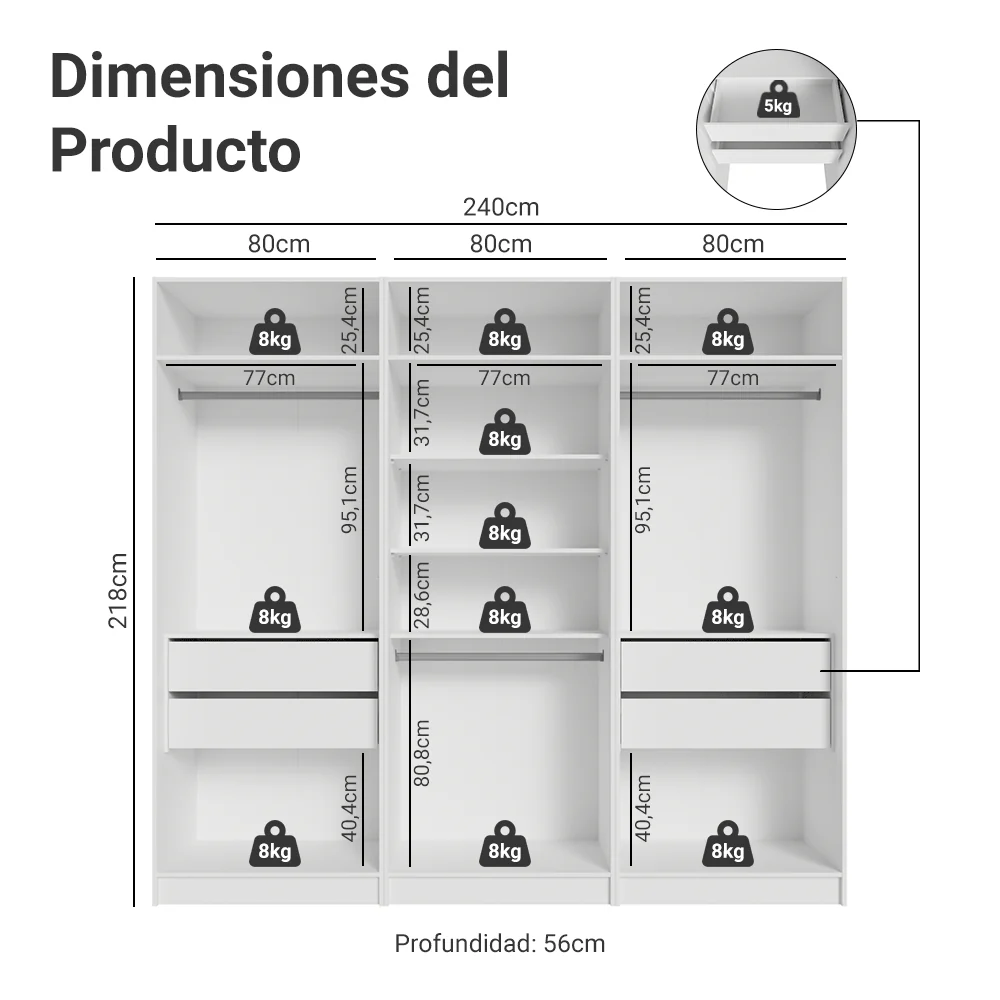 Placard Modular 240 cm 6 Puertas con Espejos 4 Cajones Blanco Neo Madesa 02 - Image 2