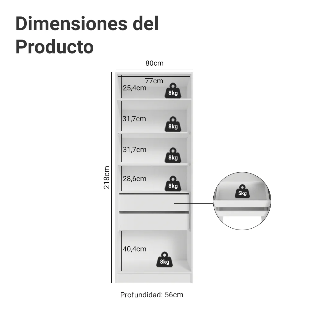 Placard Modular con 2 Puertas, 2 Cajones y 4 Estantes, Blanco Neo - Image 2