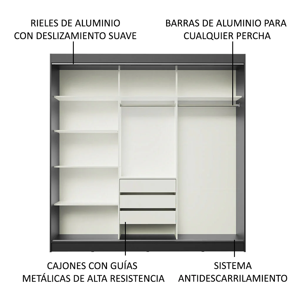 Placard Ropero Matrimonial Madesa Austin 4 Puertas Corredizas 3 Cajones Negro - Image 5