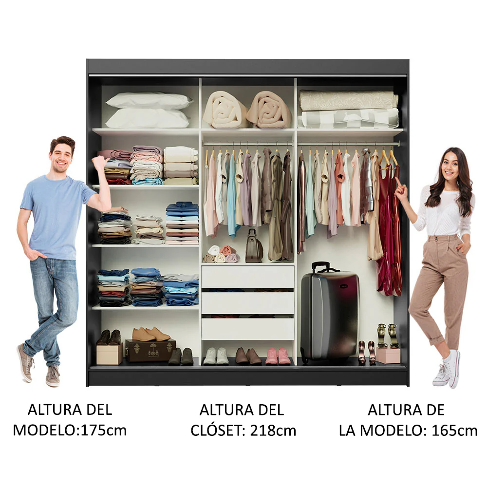 Placard Ropero Matrimonial Madesa Austin 4 Puertas Corredizas 3 Cajones Negro/Blanco - Image 4