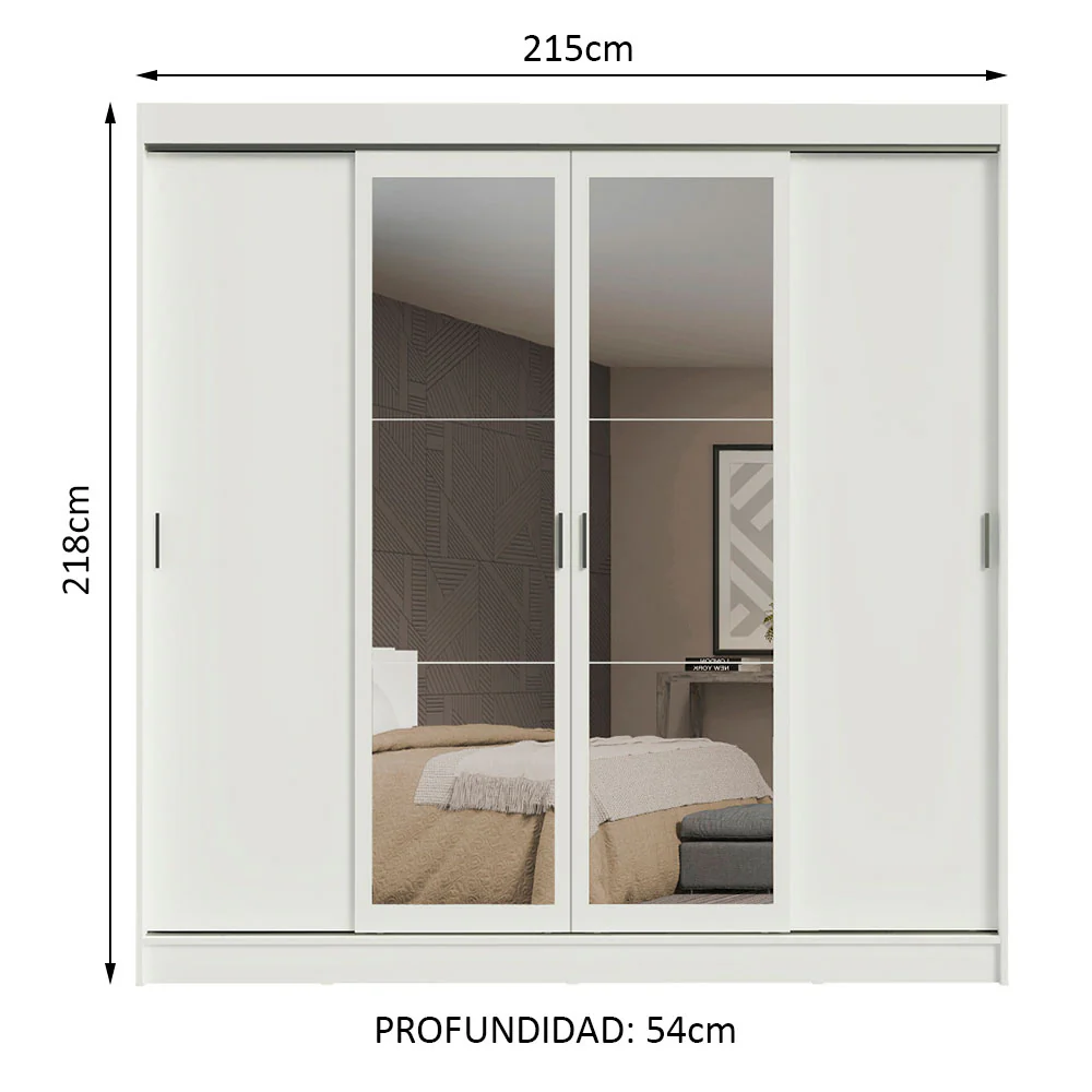 Placard Ropero Matrimonial Madesa Austin 4 Puertas Corredizas con Espejos 3 Cajones Blanco - Image 2