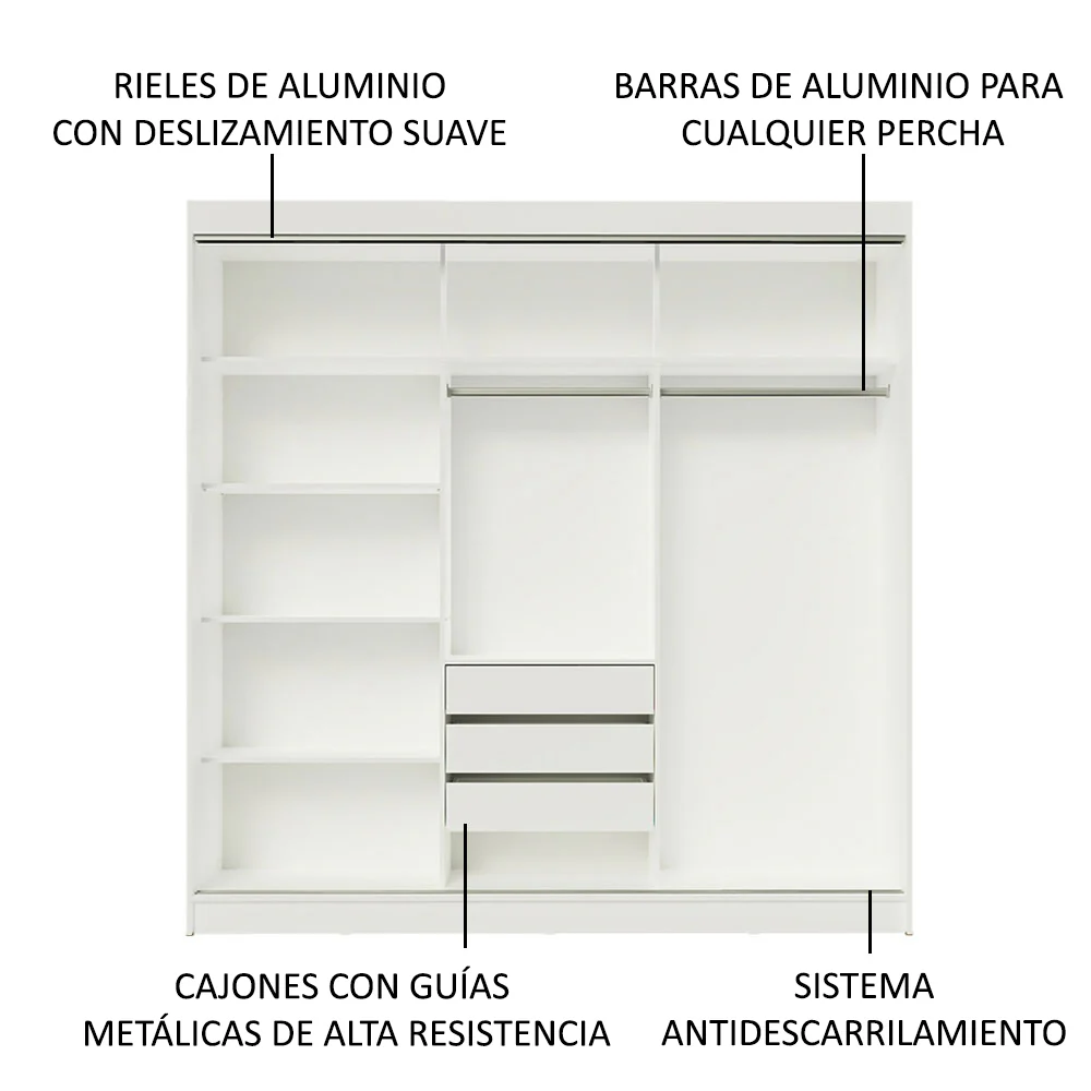 Placard Ropero Matrimonial Madesa Austin 4 Puertas Corredizas con Espejos 3 Cajones Blanco - Image 5