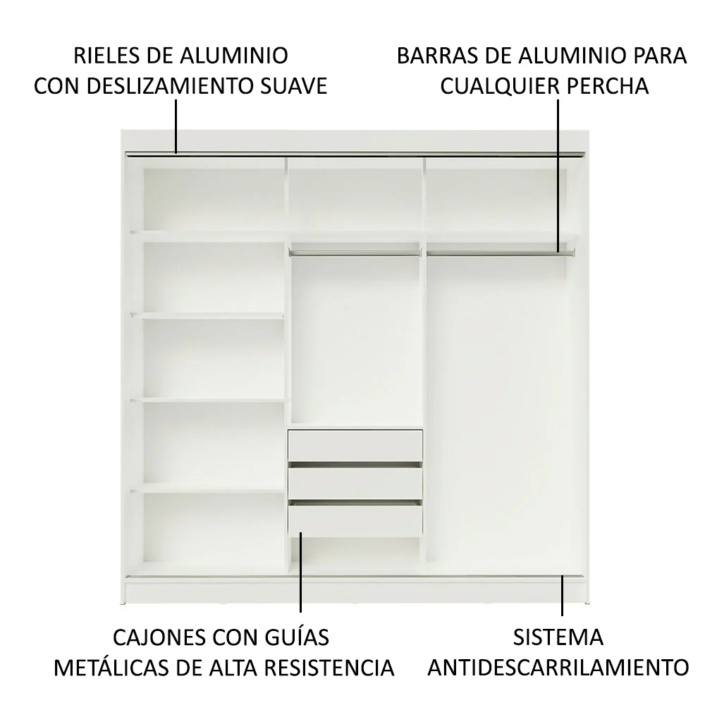 Placard Ropero Matrimonial Madesa Austin 4 Puertas Corredizas con Espejos 3 Cajones Blanco/Marrón - Image 5