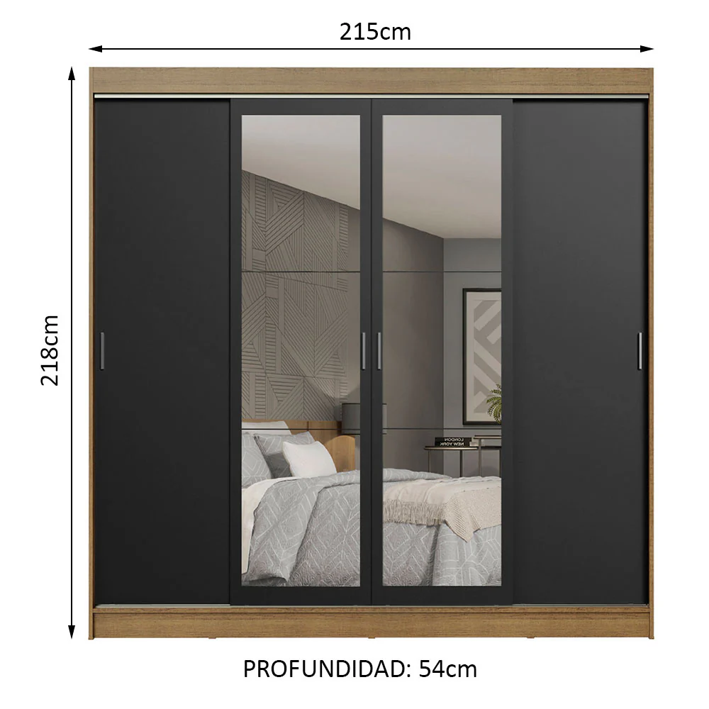 Placard Ropero Matrimonial Madesa Austin 4 Puertas Corredizas con Espejos 3 Cajones Marrón/Negro - Image 2