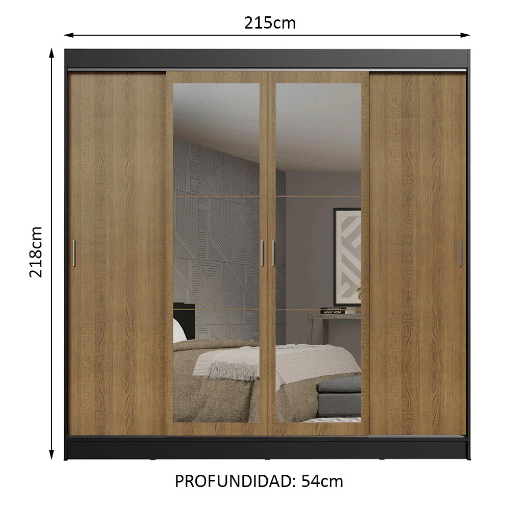 Placard Ropero Matrimonial Madesa Austin 4 Puertas Corredizas con Espejos 3 Cajones Negro/Marrón - Image 2