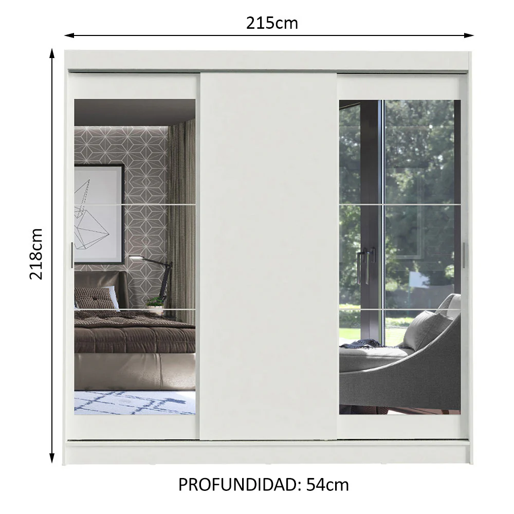 Placard Ropero Matrimonial Madesa Istambul 3 Puertas Corredizas con Espejos 3 Cajones Blanco - Image 2