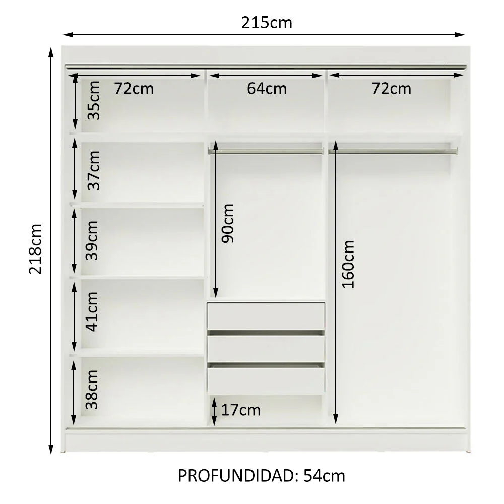 Placard Ropero Matrimonial Madesa Istambul 3 Puertas Corredizas con Espejos 3 Cajones Blanco - Image 6