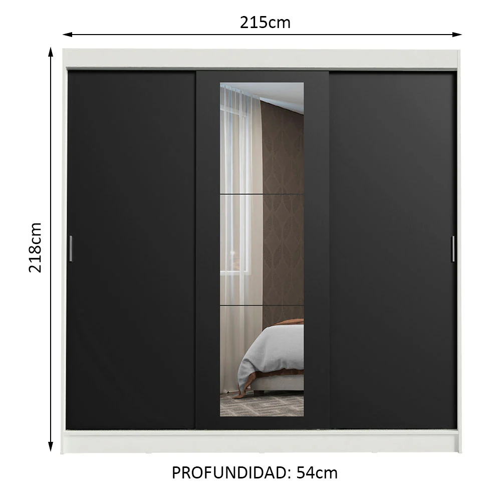 Placard Ropero Matrimonial Madesa Kansas 3 Puertas Corredizas con Espejo 3 Cajones Blanco/Negro - Image 2