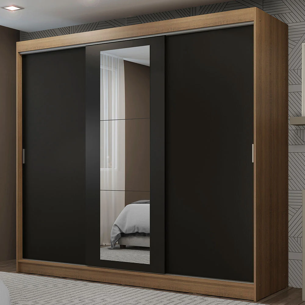 Placard Ropero Matrimonial Madesa Kansas 3 Puertas Corredizas con Espejo 3 Cajones Marrón/Negro