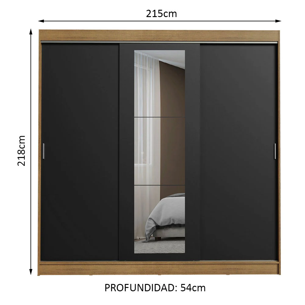 Placard Ropero Matrimonial Madesa Kansas 3 Puertas Corredizas con Espejo 3 Cajones Marrón/Negro - Image 2