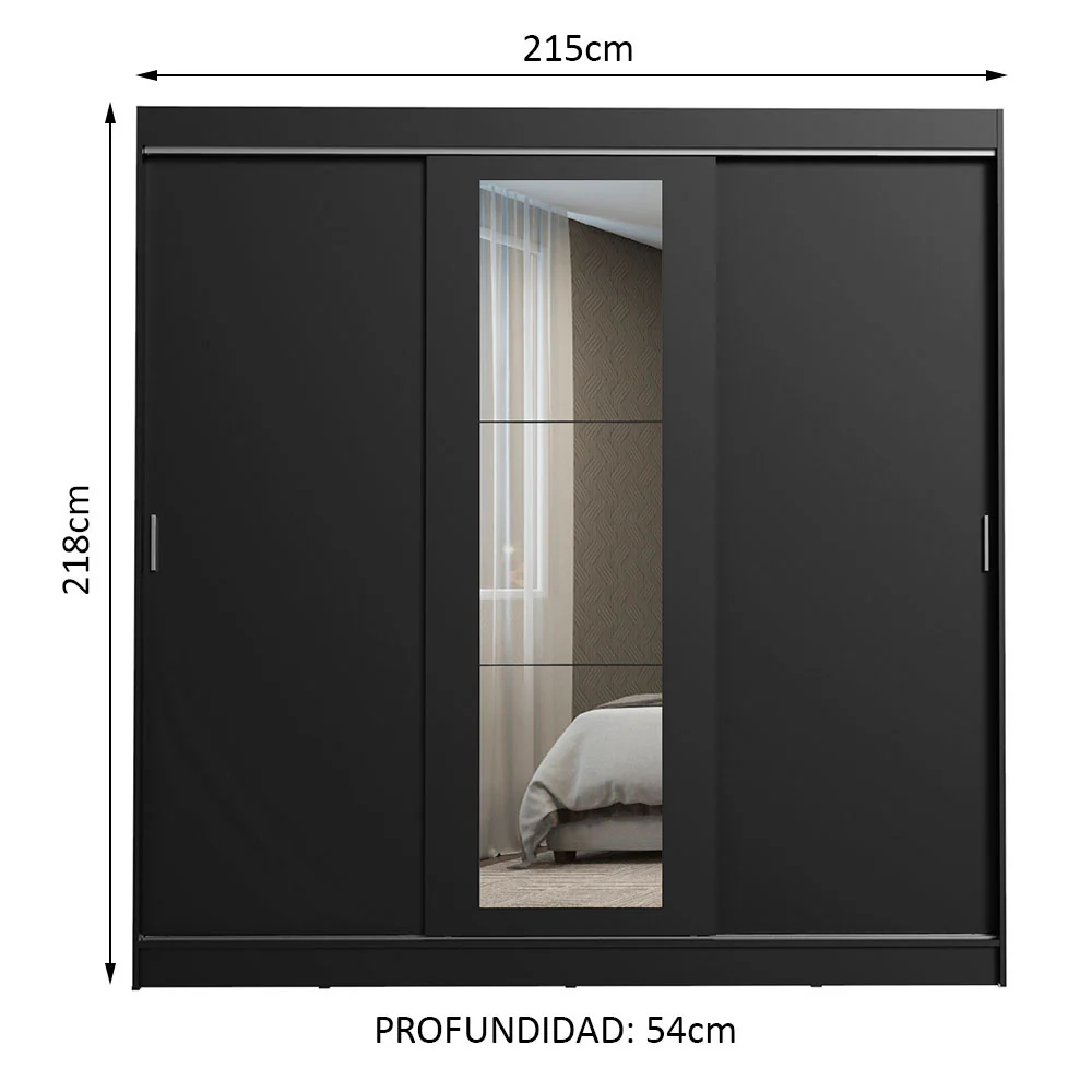 Placard Ropero Matrimonial Madesa Kansas 3 Puertas Corredizas con Espejo 3 Cajones Negro - Image 2