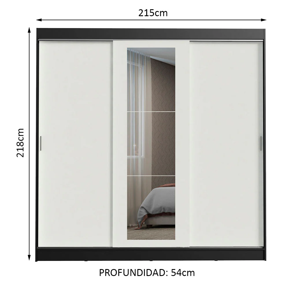 Placard Ropero Matrimonial Madesa Kansas 3 Puertas Corredizas con Espejo 3 Cajones Negro/Blanco - Image 2