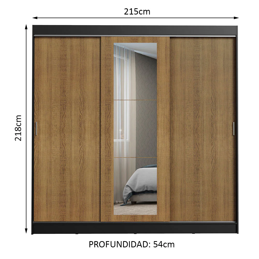 Placard Ropero Matrimonial Madesa Kansas 3 Puertas Corredizas con Espejo 3 Cajones Negro/Marrón - Image 2