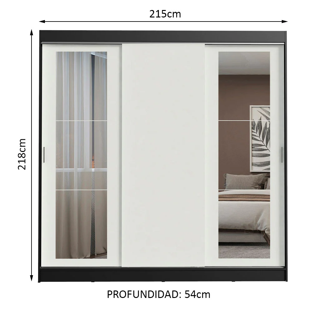 Placard Ropero Matrimonial Madesa Kansas 3 Puertas Corredizas con Espejos 3 Cajones Negro/Blanco - Image 2
