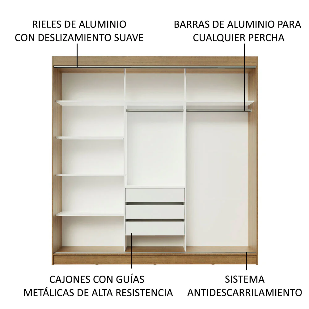 Placard Ropero Matrimonial Madesa Kansas 3 Puertas Corredizas de Espejo 3 Cajones Marrón - Image 5