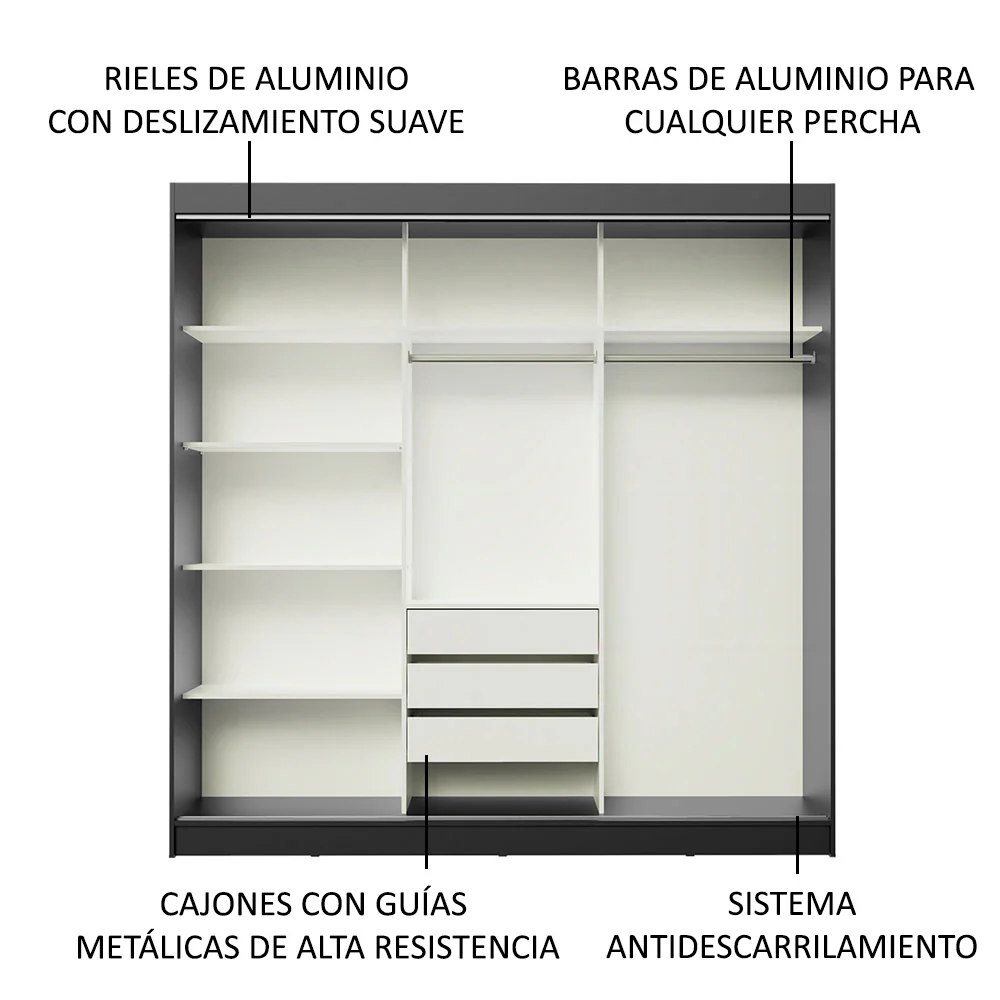 Placard Ropero Matrimonial Madesa Kansas 3 Puertas Corredizas de Espejo 3 Cajones Negro - Image 5