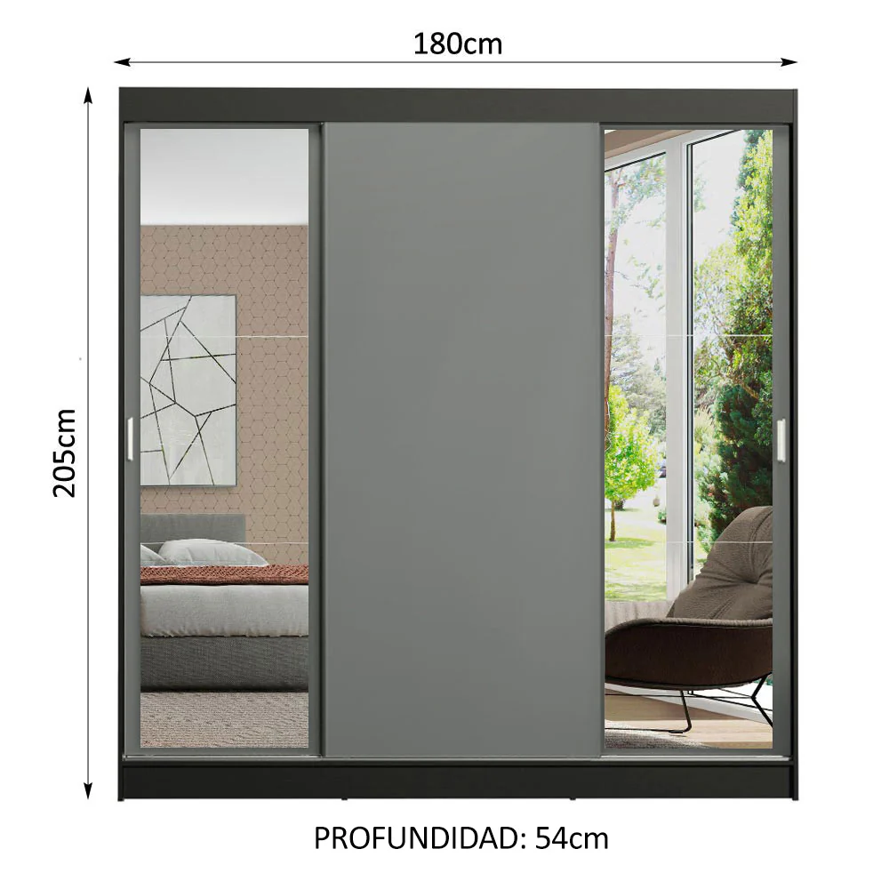Placard Ropero Matrimonial Madesa Reno 3 Puertas Corredizas con Espejos Negro/Gris - Image 2