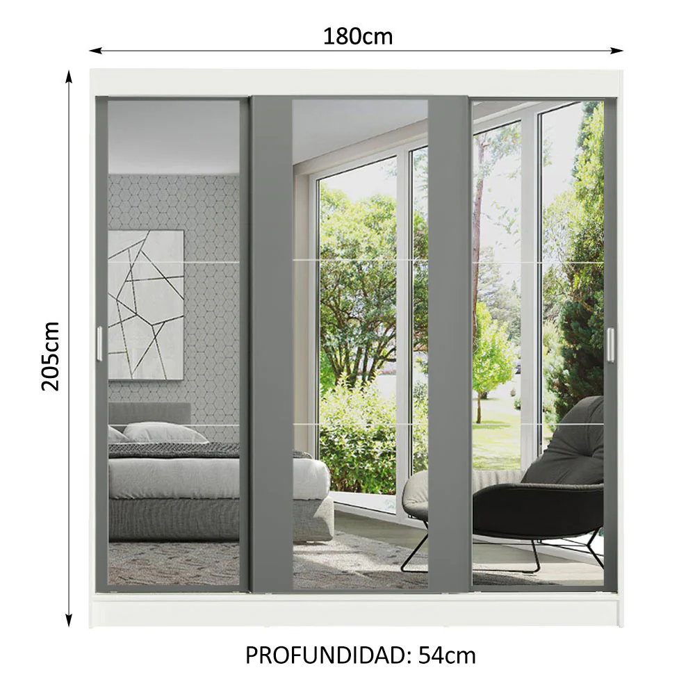 Placard Ropero Matrimonial Madesa Reno 3 Puertas Corredizas de Espejo Blanco/Gris - Image 2