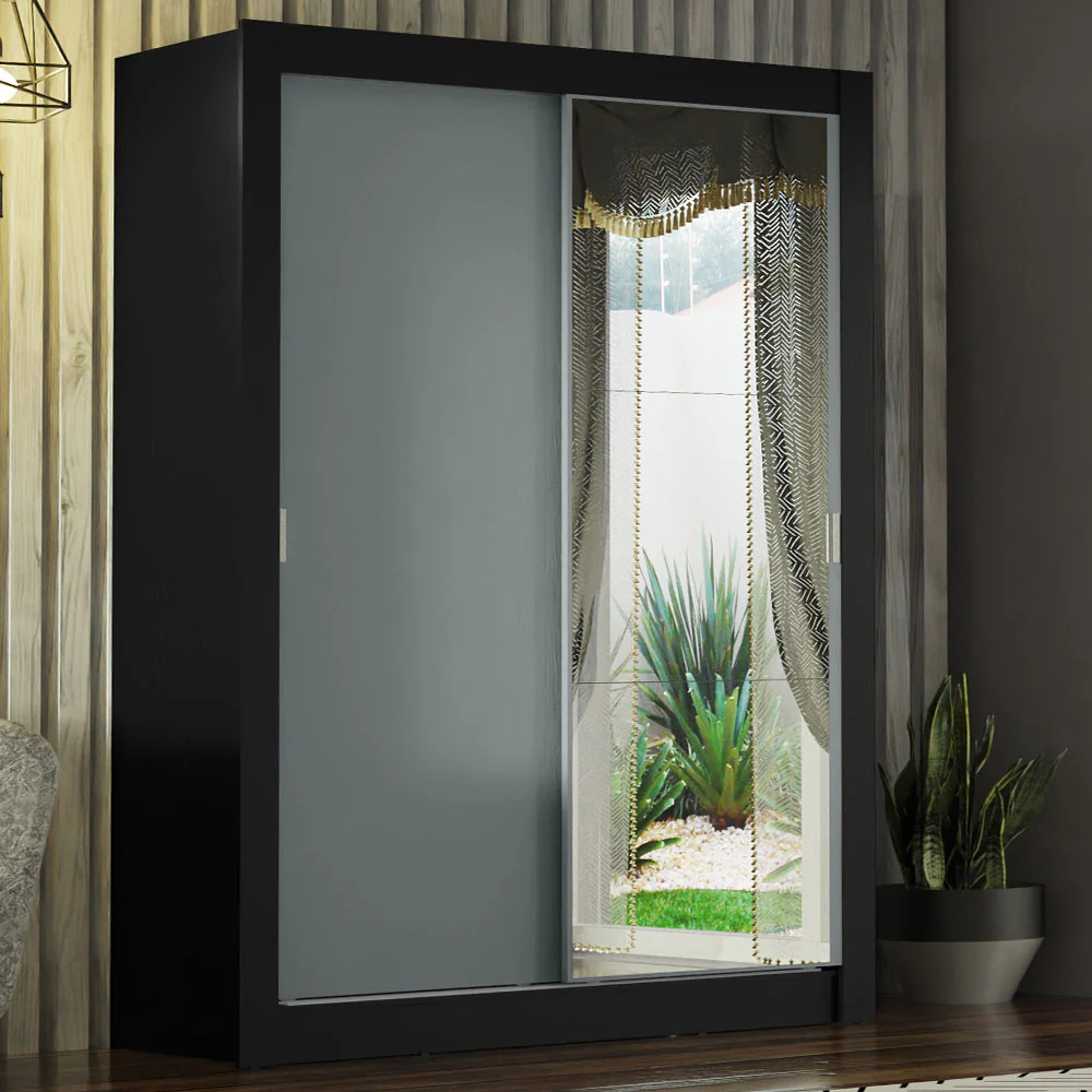 Placard Ropero Solteiro Madesa Denver 2 Puertas Corredizas con Espejo Negro/Gris