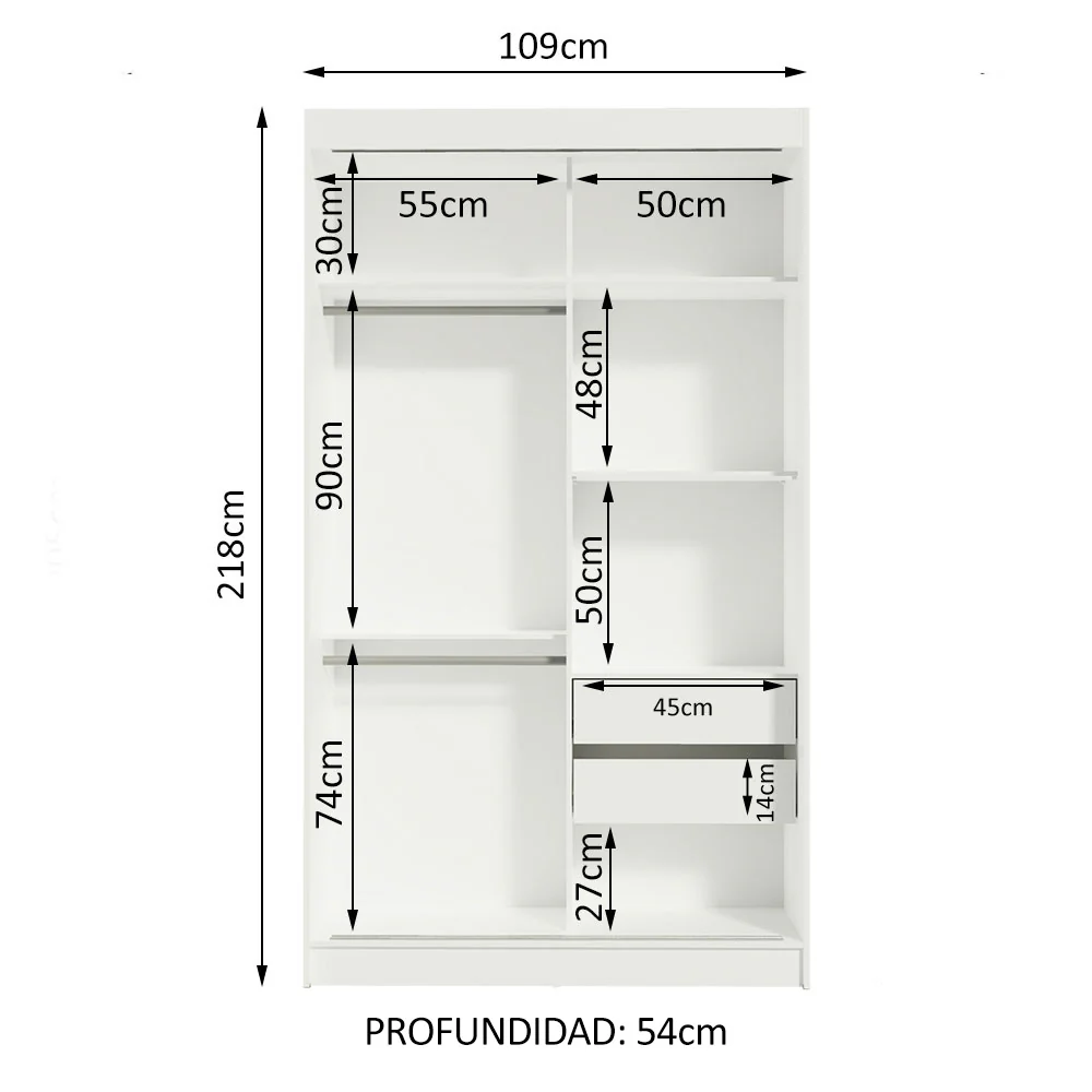 Placard Ropero Solteiro Madesa Tokio 2 Puertas Corredizas con 2 Cajones Blanco - Image 10