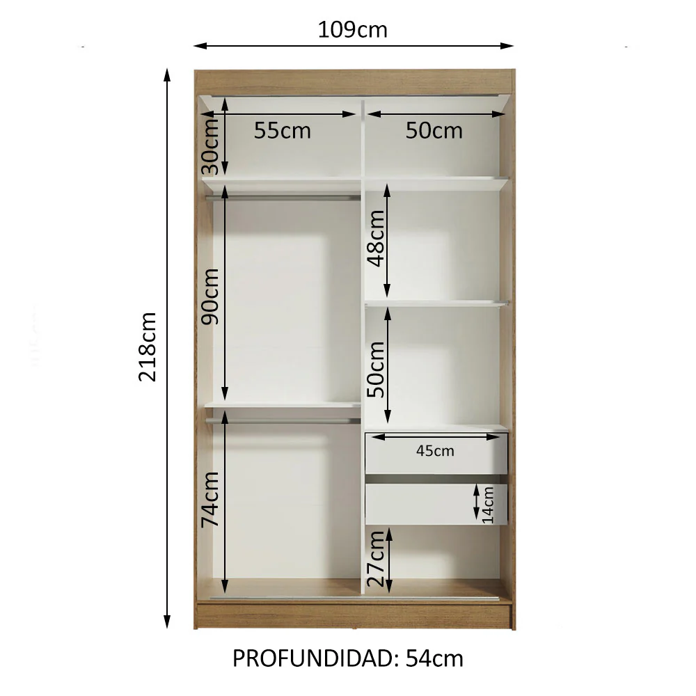 Placard Ropero Solteiro Madesa Tokio 2 Puertas Corredizas con Espejo 2 Cajones Marrón/Blanco - Image 10