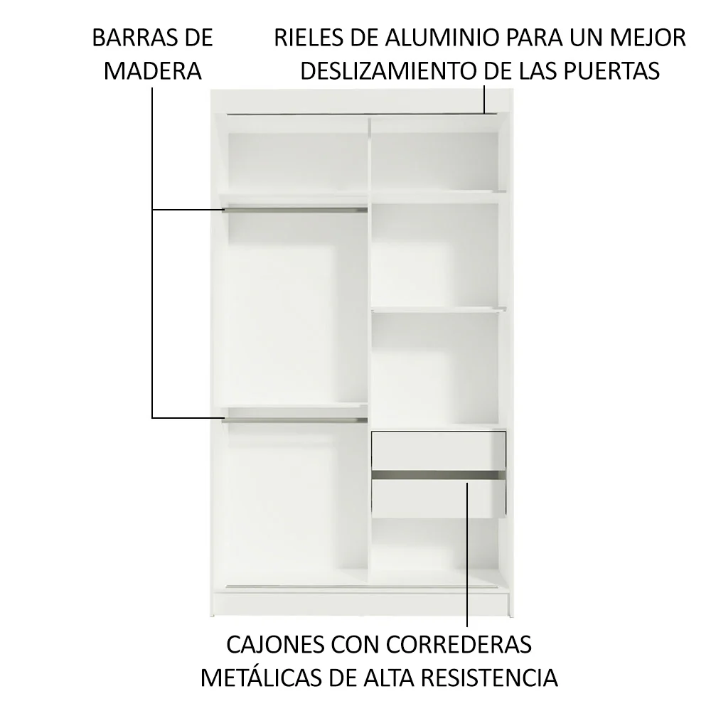 Placard Ropero Solteiro Madesa Tokio 2 Puertas Corredizas de Espejo 2 Cajones Blanco - Image 5