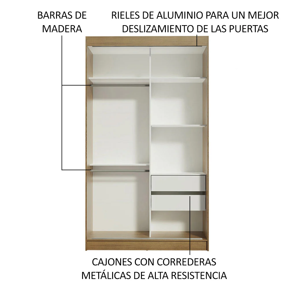 Placard Ropero Solteiro Madesa Tokio 2 Puertas Corredizas de Espejo 2 Cajones Marrón/Blanco - Image 5