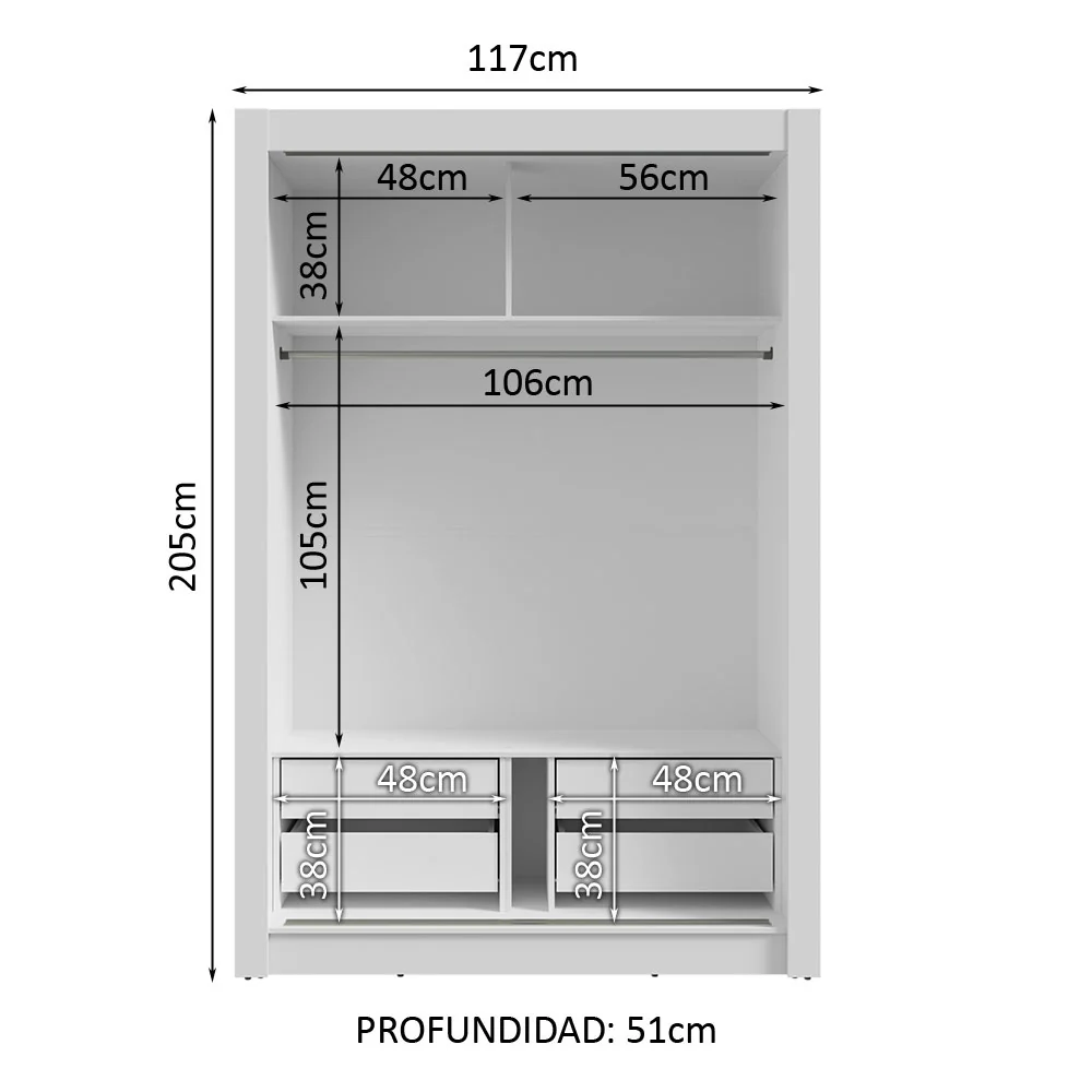 Placard Soltero 2 Puertas Corredizas 4 Cajones Blanco/Marrón Vivare Plus - Image 4