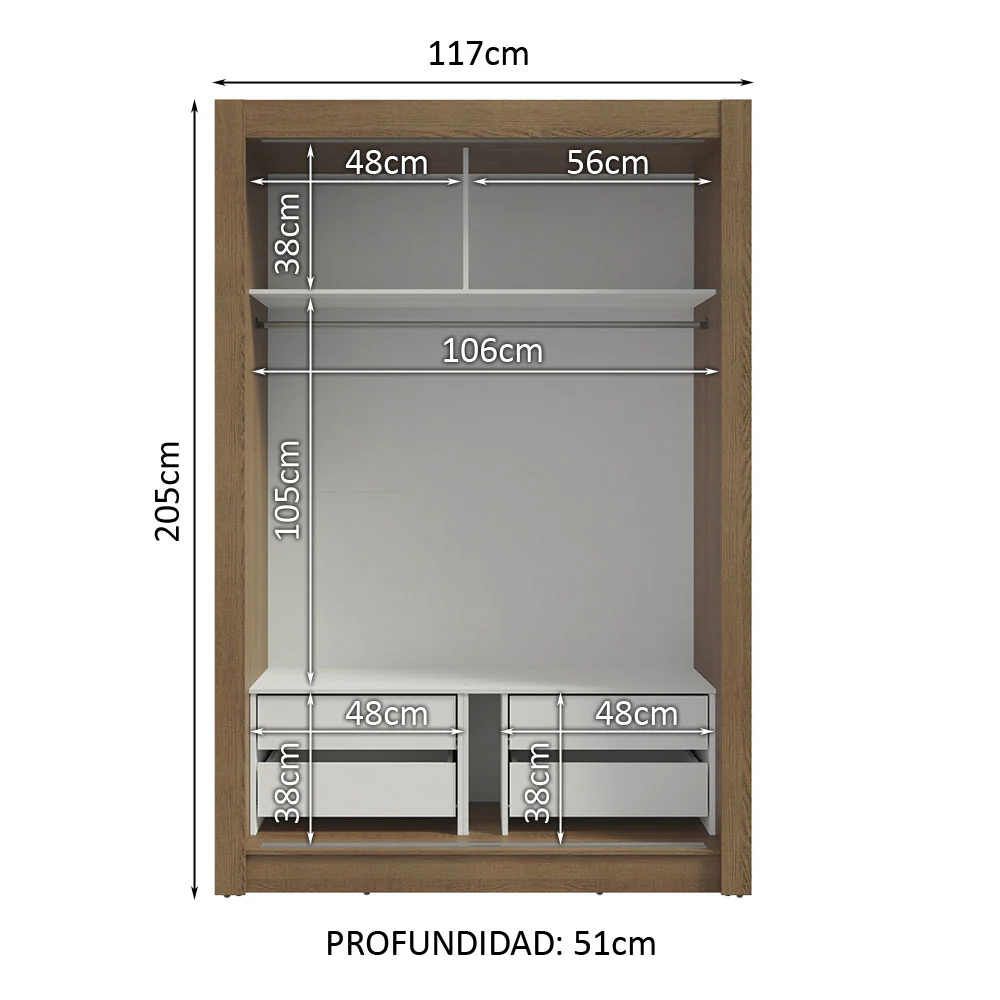 Placard Soltero 2 Puertas Corredizas 4 Cajones Marrón Vivare Plus - Image 4